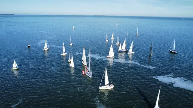 Flota jachtów regat Oderman Cup na Zalewie Szczecińskim widziana z lotu ptaka